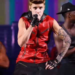 Justin Bieber Believe Tour Red Hooded Leather Vest