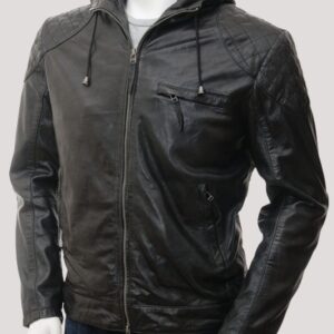 Black Hooded Leather Jacket Mens