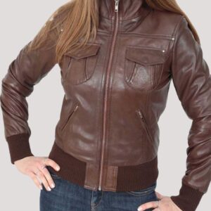 Brown Leather Bomber Jacket Womens