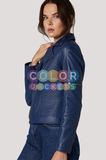 Barbara Palvin Old Navy Blue Leather Jacket - Image 3