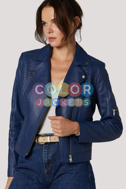 Barbara Palvin Old Navy Blue Leather Jacket - Image 2