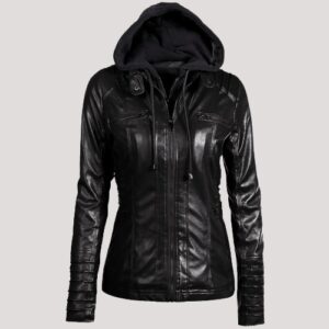 Womens Faux Leather Jacket With Hoodie