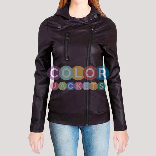 Womens Asymmetrical Black Leather Jacket - Image 2
