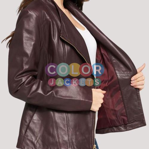 Women's Designer Burgundy Asymmetrical Zipper Leather Jacket - Image 4