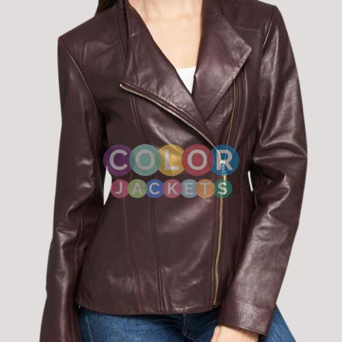 Women's Designer Burgundy Asymmetrical Zipper Leather Jacket - Image 2