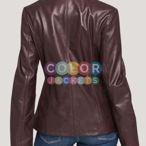 Women's Designer Burgundy Asymmetrical Zipper Leather Jacket - Image 5