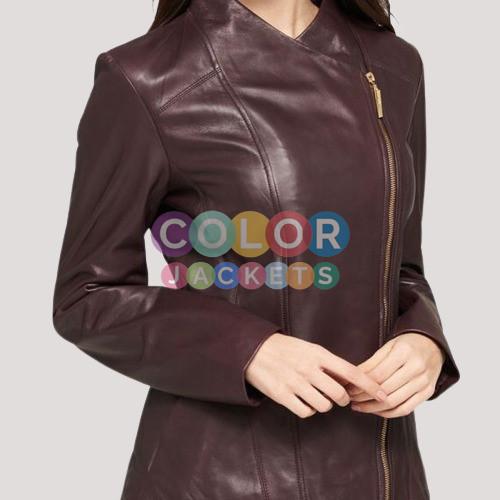 Women's Designer Burgundy Asymmetrical Zipper Leather Jacket - Image 3