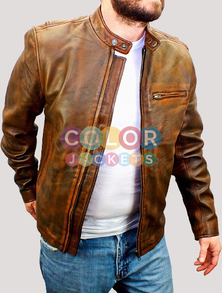 Mens Cafe Racer Motorcycle Leather Jacket - Image 2