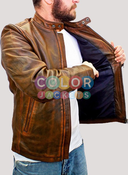 Mens Cafe Racer Motorcycle Leather Jacket - Image 3