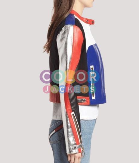 Women’s Fashion Color Block Racing Leather Jacket - Image 2