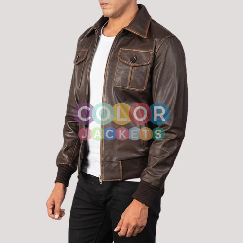 Aaron Brown Bomber Leather Jacket - Image 3