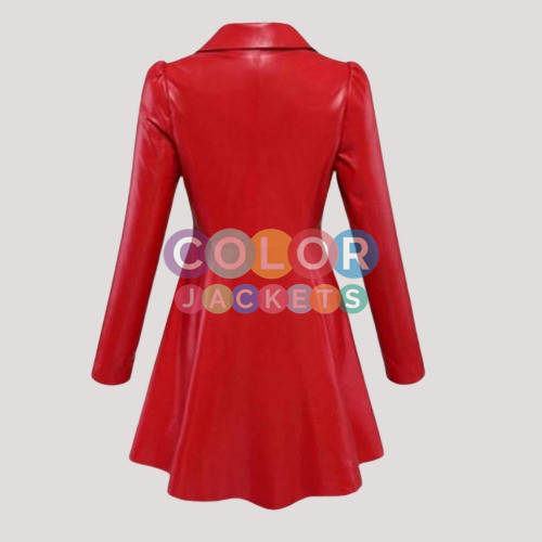 Womens Red Long Leather Jacket - Image 2