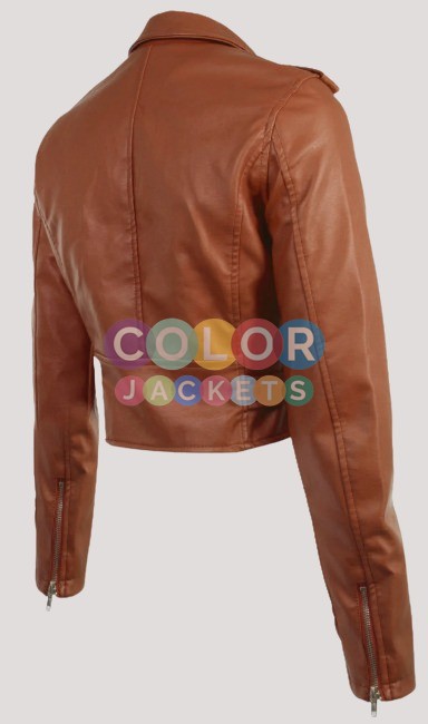 Women Brown Leather Cropped Biker Jacket - Image 3
