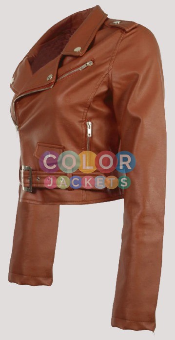 Women Brown Leather Cropped Biker Jacket - Image 2