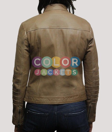 Womens Cafe Racer Beige Biker Leather Jacket - Image 4