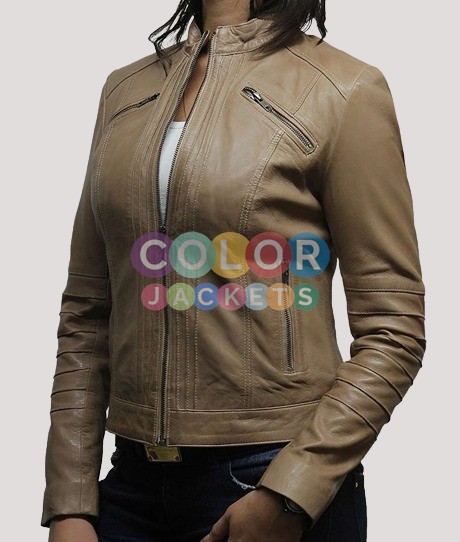 Womens Cafe Racer Beige Biker Leather Jacket - Image 3