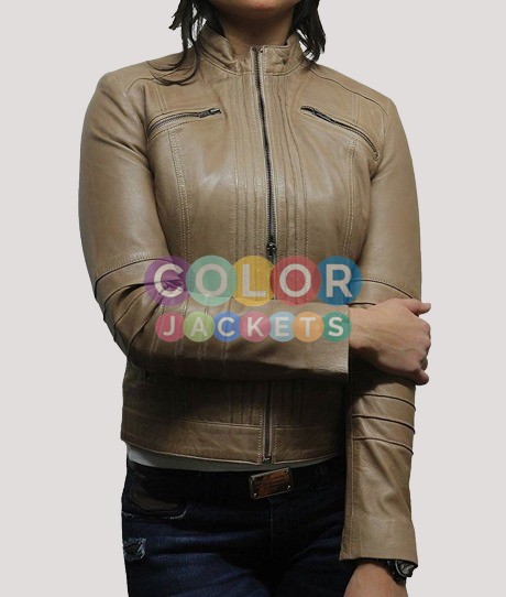 Womens Cafe Racer Beige Biker Leather Jacket - Image 2