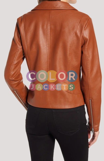 Women's Brown Faux Leather Moto Jacket - Image 3