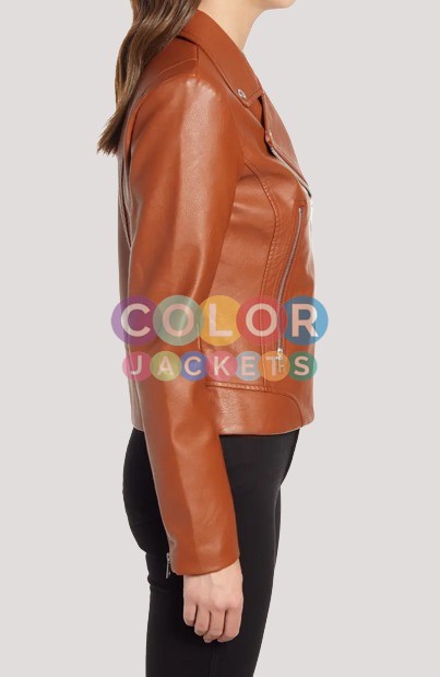 Women's Brown Faux Leather Moto Jacket - Image 2