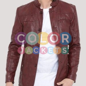 Casual Burgundy Faux Leather Jacket