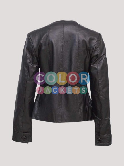 Womens Collarless Black Leather Jacket - Image 3