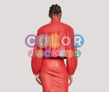 Womens Red Cropped Leather Jacket - Image 2