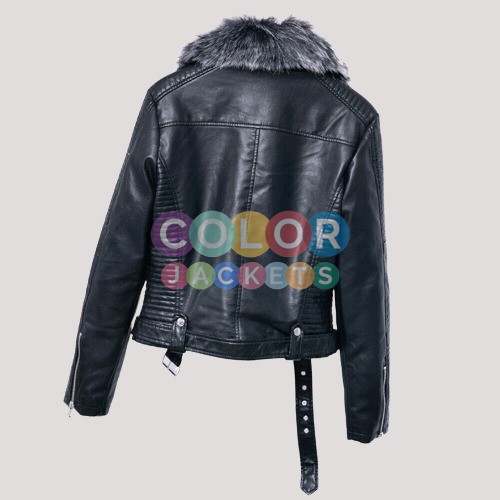 Women's Fleece Lined Biker Faux Leather Jacket - Image 3