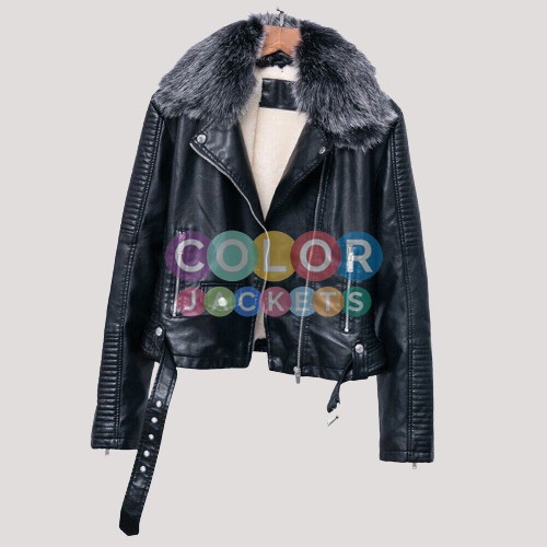 Women's Fleece Lined Biker Faux Leather Jacket - Image 2