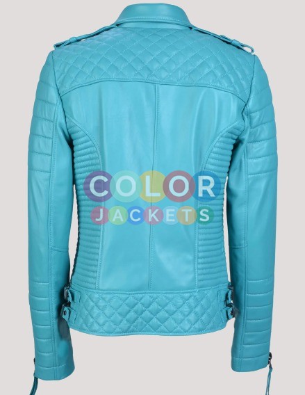 Women's Turquoise Blue Motorcycle Leather Jacket - Image 2