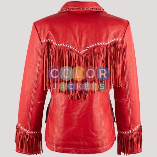 Women's Fringe Red Studs Leather Jacket - Image 2