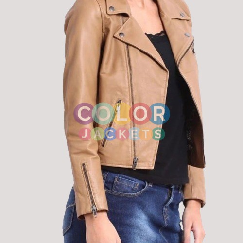 Women's Asymmetrical Brown Motorcycle Leather Jacket - Image 2