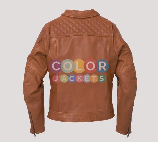 Women's Bezel Biker Collar Brown Leather Jacket - Image 3