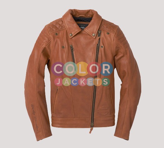 Women's Bezel Biker Collar Brown Leather Jacket - Image 2