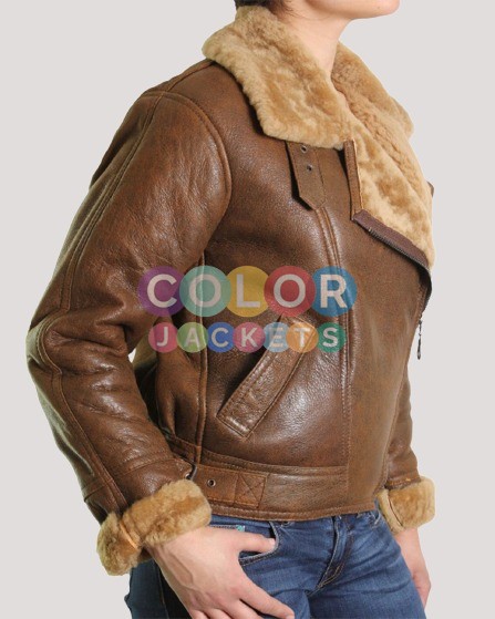 Women's Aviator Fur Shearling Flying Bomber Leather Jacket - Image 2