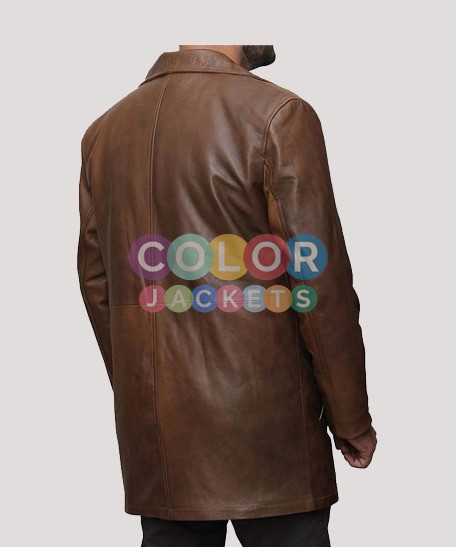 Mens Brown Long Trench Leather Coat - Image 3