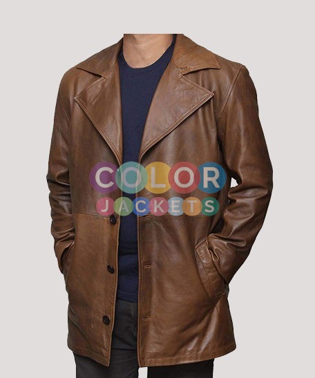 Mens Brown Long Trench Leather Coat - Image 2