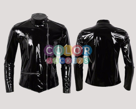 Mens Wet Look Black Patent Leather Jacket - Image 2