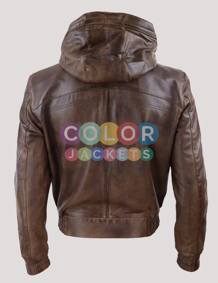 Mens Brown Bomber Hooded Leather Jacket - Image 2