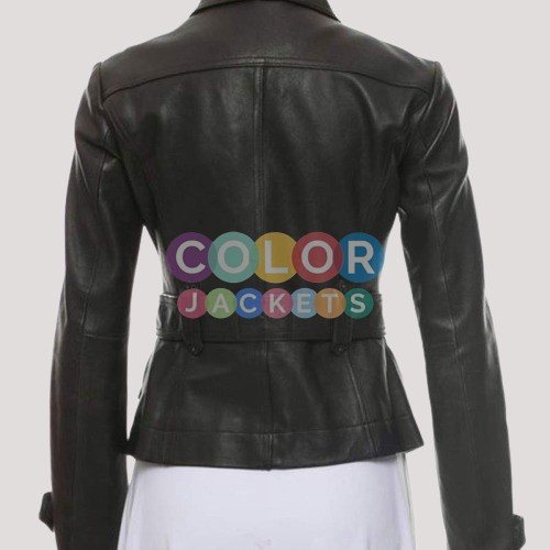 Women's Shirt Collar Style Black Leather Button Up Jacket - Image 3