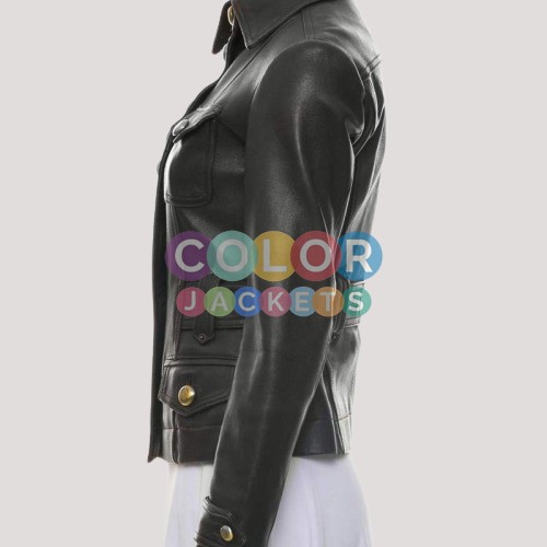 Women's Shirt Collar Style Black Leather Button Up Jacket - Image 2