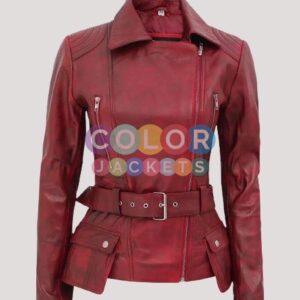 Maroon Biker Leather Jacket Womens