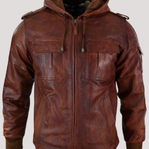 Mens Leather Bomber Jacket With Hood