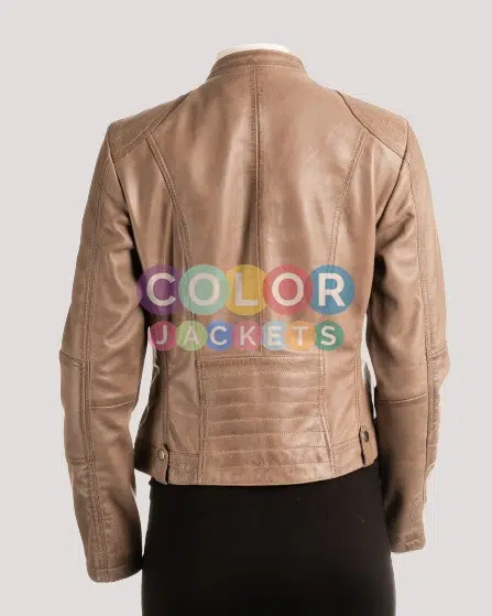 Taupe Ladies Biker Style Leather Jacket - Image 2