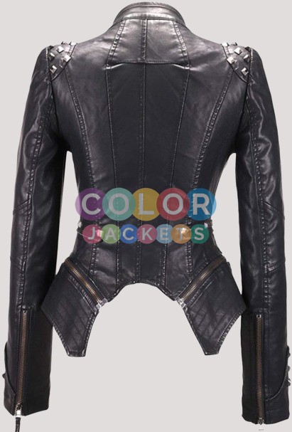 Women’s Studded Perfectly Shaping Black Leather Biker Jacket - Image 2