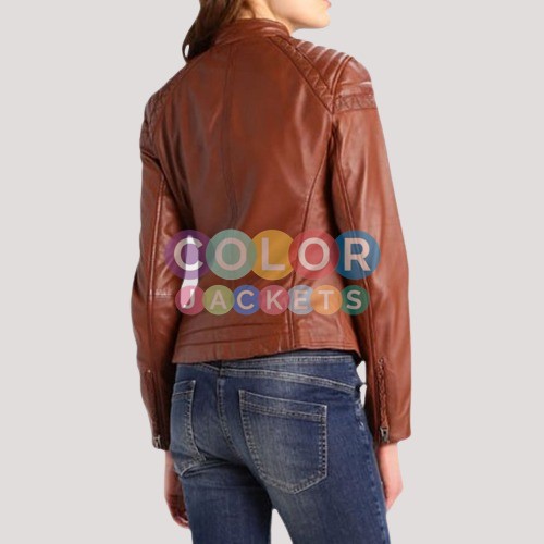 Women's Biker Style Brown Leather Jacket - Image 2