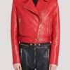 Balmain Red Cropped Biker Leather Jacket - Image 2