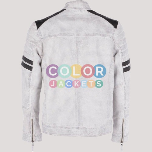 Mens Brody Biker White Leather Jacket - Image 4