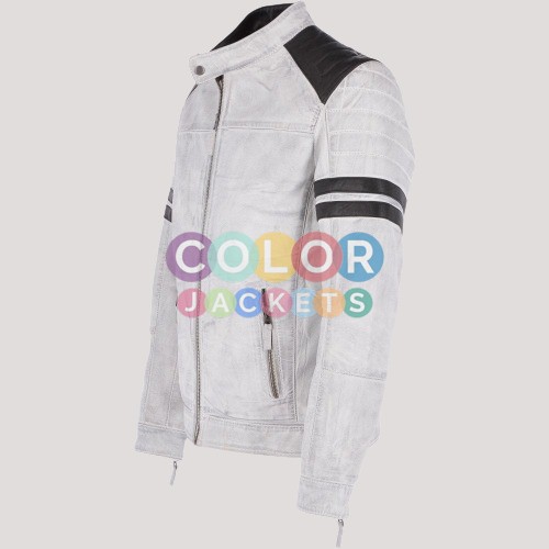 Mens Brody Biker White Leather Jacket - Image 3