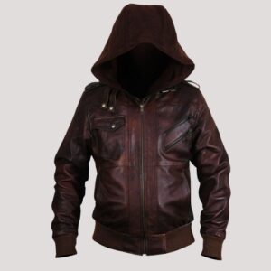 Brown Leather Jacket With Hoodie