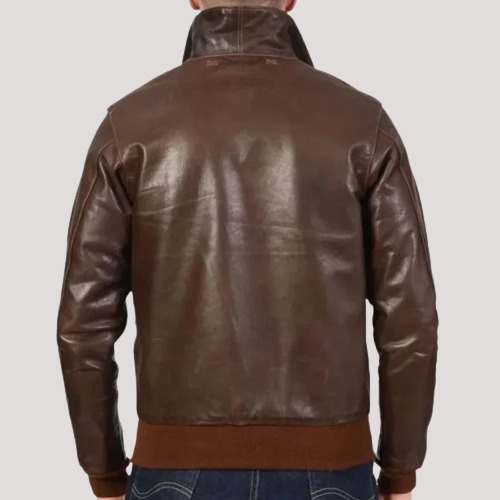 Mens Brown Leather Bomber Flight Jacket - Image 2